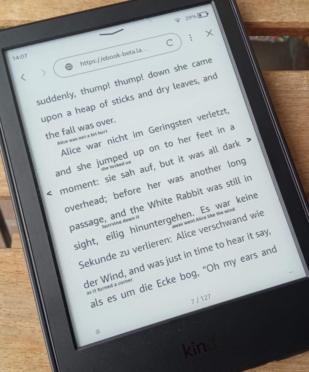 E-reader showing Spanish/English mixed text with pop-up translations
